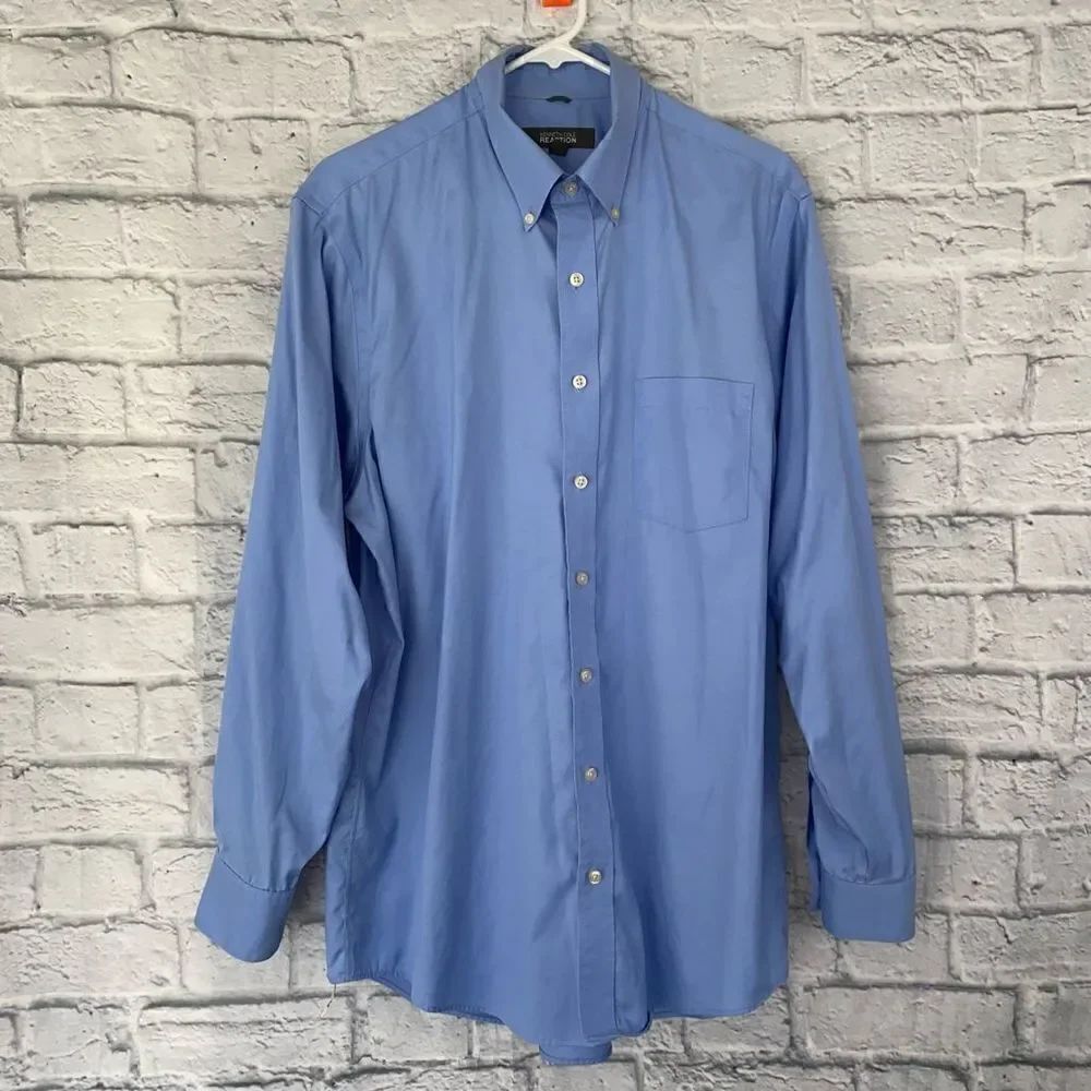Kenneth Cole reaction regular fit 100% cotton button down shirt sz L 16-16.5” 34